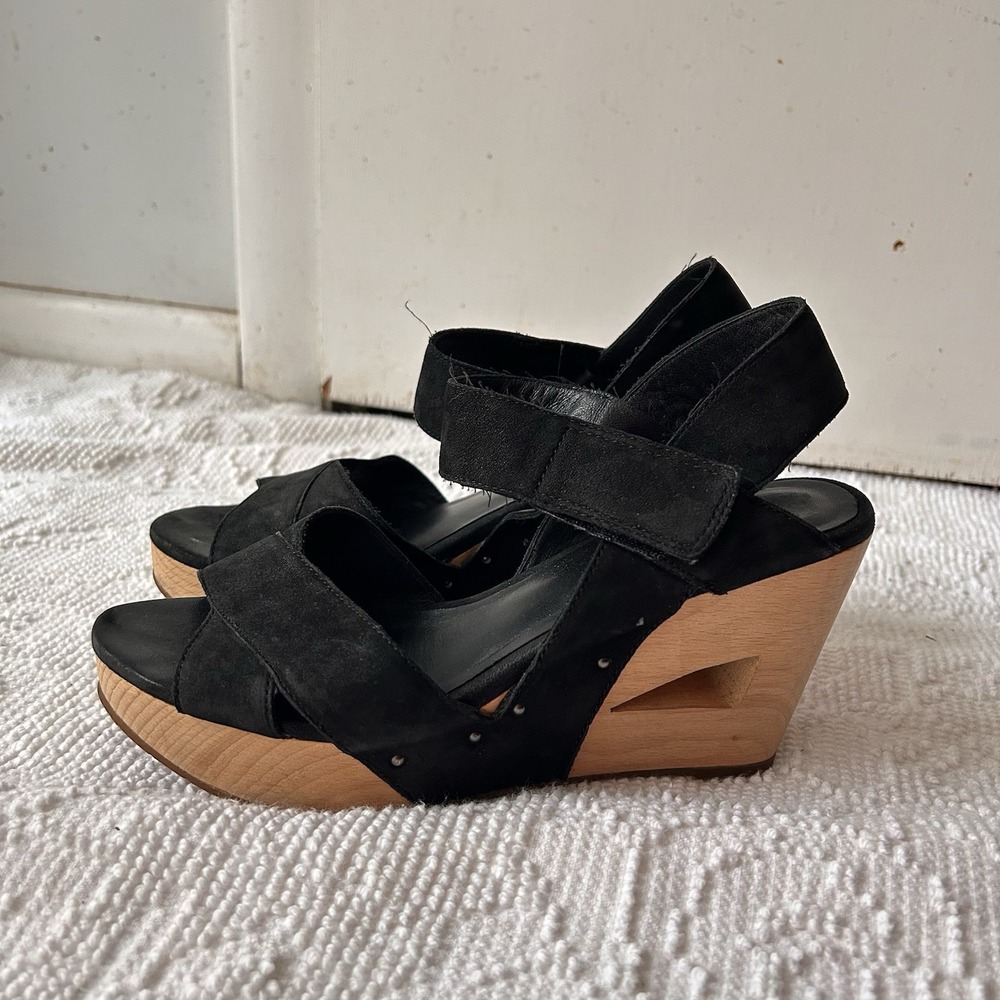 Eileen Fisher Black Suede Wood Platform‎ Cutout Wedge Studded Sandals Size 7